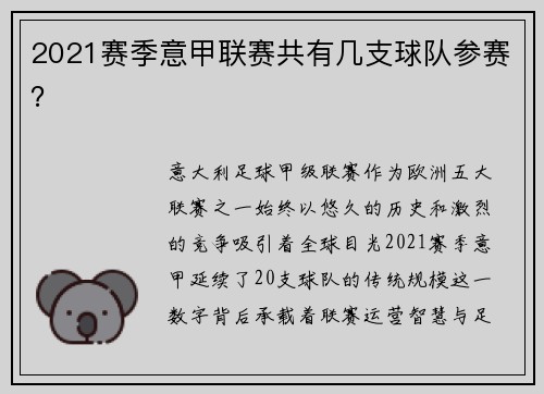 2021赛季意甲联赛共有几支球队参赛？